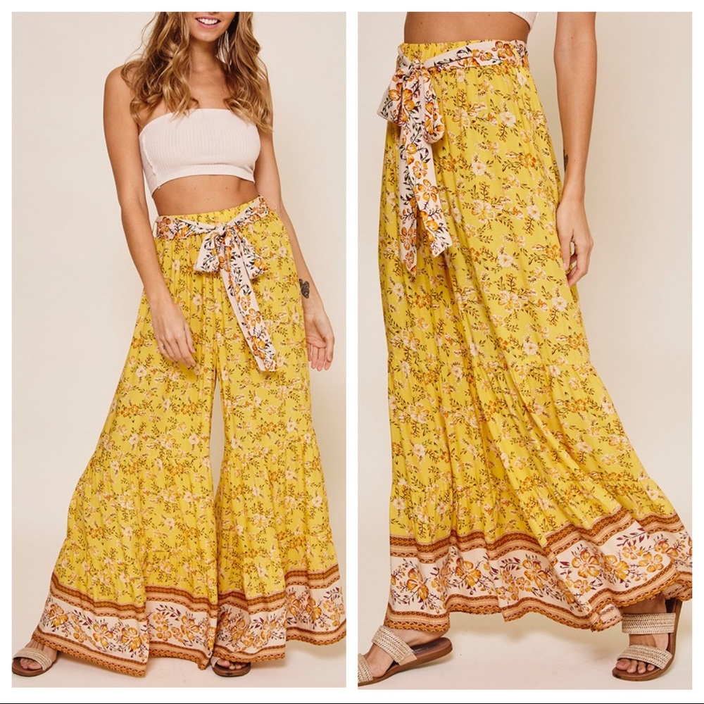 #03 Boho Chic Double Tier Floral Printed Wide Leg Pant - Picture 2 of 3